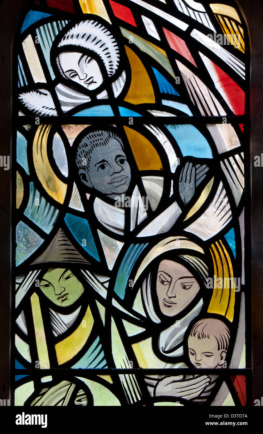 Modern stained glass window, St Andrew`s Church, Hazleton, Gloucestershire, England, UK Stock Photo